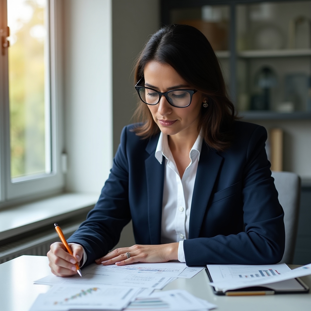 Adult person in their 30s sitting at a desk reviewing financial paperwork with reading glasses, focused expression