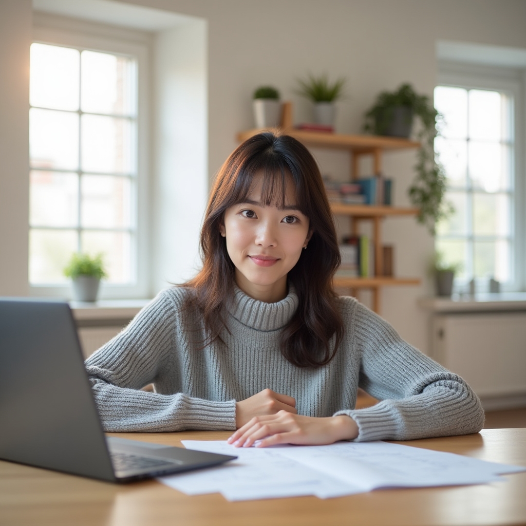 Young woman in her early 20s reviewing financial documents at a modern desk, confident and studious expression, bright natural light