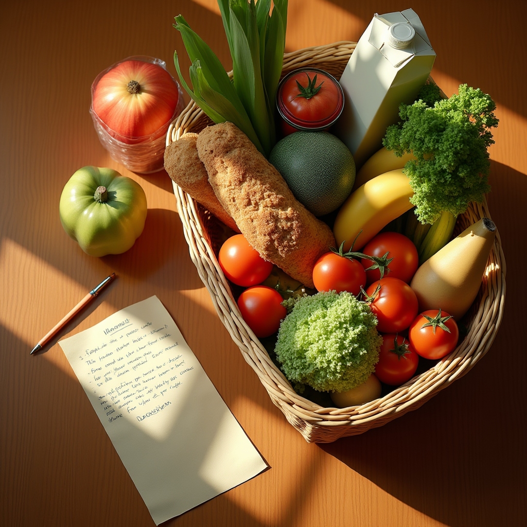 Overhead view of grocery shopping basket with fresh produce and everyday items on a wooden surface, warm natural lighting