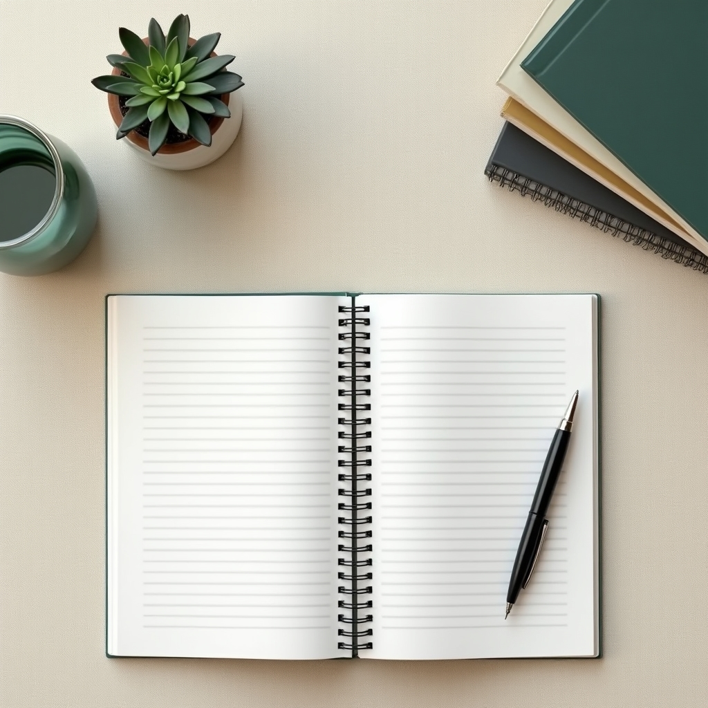 Clean desk with a notebook, pen and reading material in a calm organised workspace, overhead view, warm neutral tones