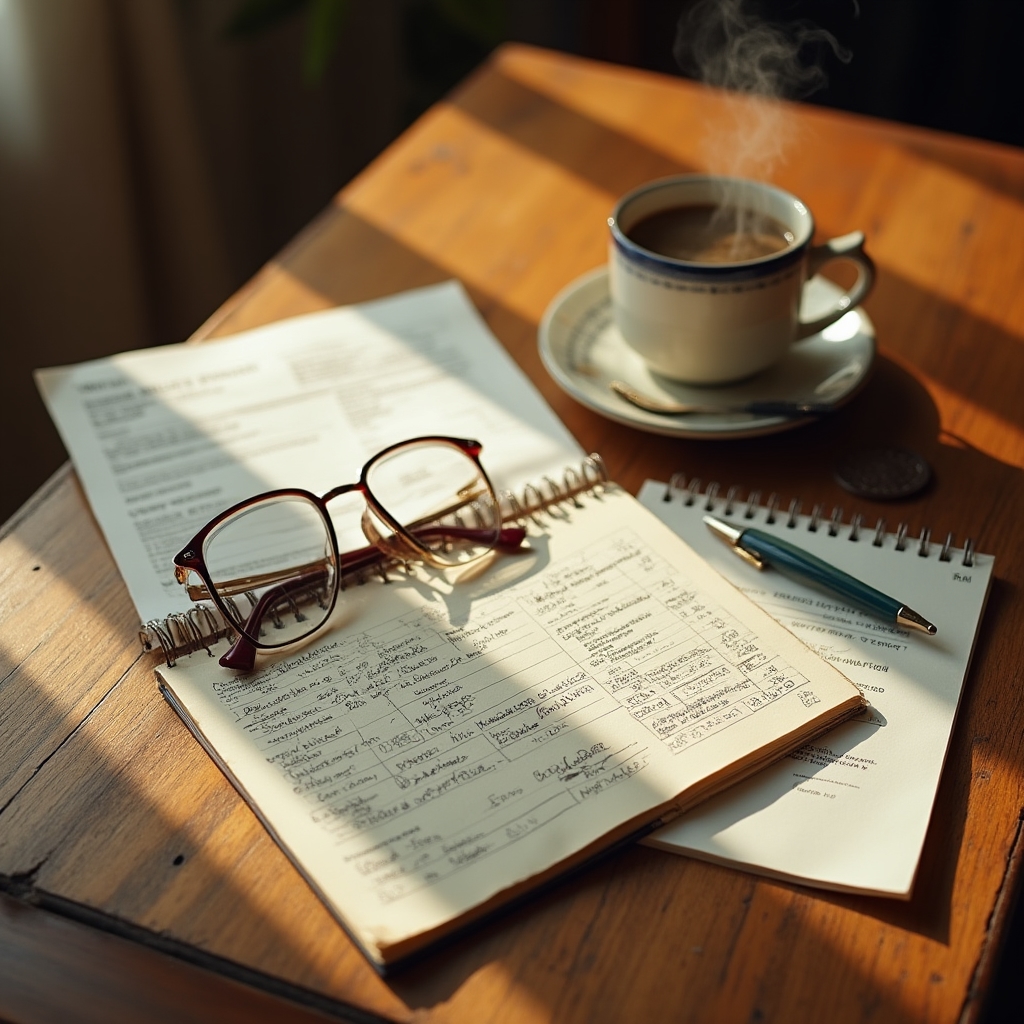 Person reviewing financial documents at a kitchen table with coffee and a notebook